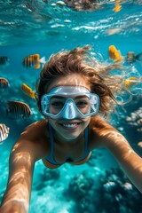 Naklejka premium A dense school of silver fish swims next to her. Bright commercial style image. A stunning and sexy happy caucasian young woman with short hair with a happy face snorkeling among the corals.