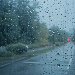 Rain drops on the glass with a blurred road in the background.
