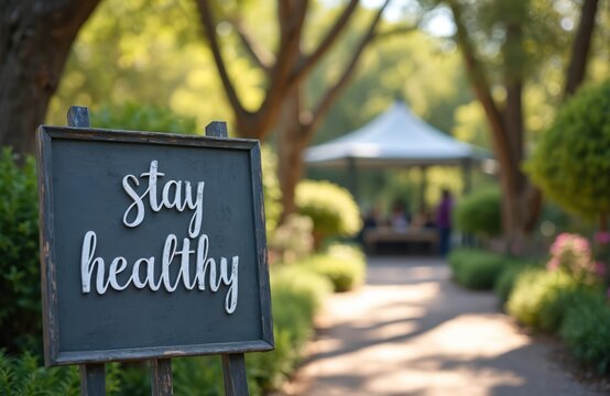 Decorative sign at health fair entrance says Stay Healthy in elegant script font. Encourages community participation, wellness, healthy lifestyle. Blurred people background. Outdoor park with trees,