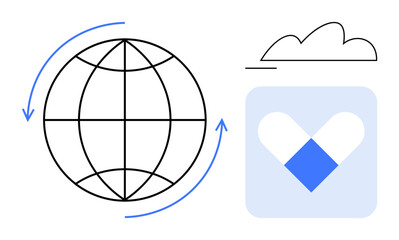 Abstract globe with arrows around, cloud sketch, and heart-inspired healthcare symbol highlighting global networks. Ideal for connectivity, healthcare, technology, cloud computing, data sharing
