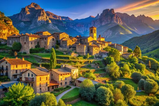 Panoramic View of Setcases Village, Pyrenees Mountains, Catalonia, Spain
