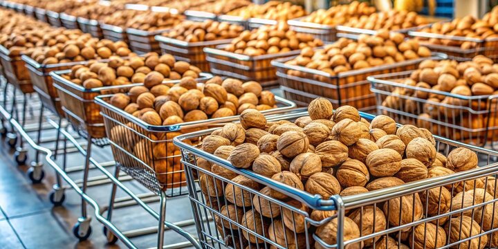 Panoramic View of Supermarket Walnuts in Shopping Carts