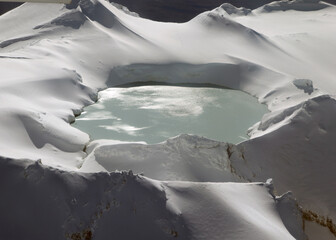 Aerial view of the Crater Lake of Mount Ruapehu,  an active volcano on the North Island of New Zealand