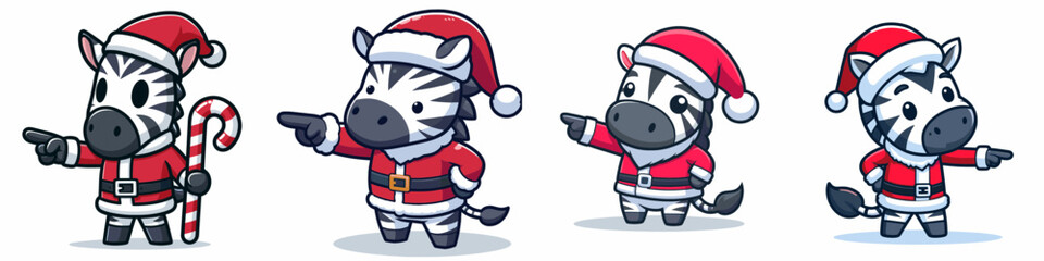 Zebra wear Santa Claus costumes pointing forward a simple vector graphic illustration of festive stripes