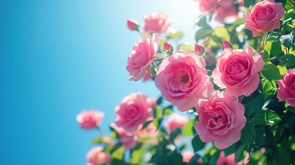 Obraz premium Lush Pink Roses Blooming Against a Clear Deep Blue Sky