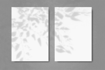 Natural light casts shadows from the leaves of a tree branch on 2 vertical sheets of textured white paper on soft blue table background. Mockup