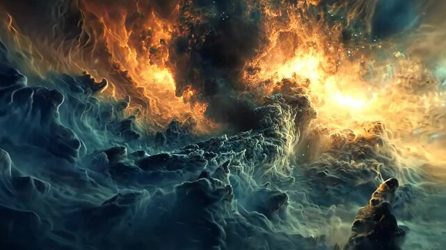 Stunning cosmic clouds illuminated by fiery colors in deep space region