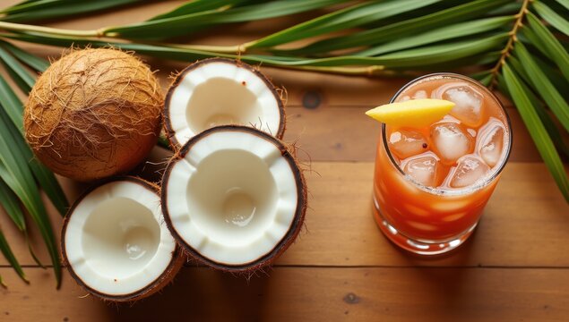 Fresh Summer Fruits and Coconut Drink on Blue Background