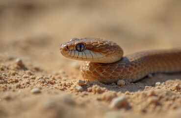 Obraz premium Peringueys Adder snake is perched on sand. Scaled reptile with distinctive patterns camouflaged in wild nature. Brown yellow orange predator hunts hides survives in desert.