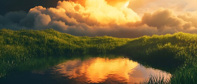 A serene landscape featuring a tranquil river reflecting the dramatic colors of a vibrant sunset sky surrounded by lush vegetation and a picturesque natural setting