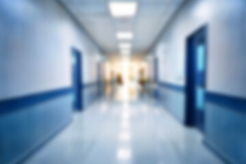 Obraz premium blurred of background. interior of a modern hospital with an empty long corridor. waiting room for patients and families between the corridor with bright white lights. treatment rooms and patient room