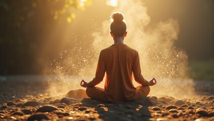 Obraz premium Serene Figure in Meditative Pose Surrounded by Glowing Dust Particles