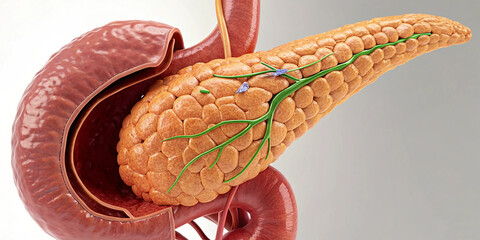Fototapeta premium microscopic blood vessels, visceral fat and healthy cholesterol medical media 3d illustration. Insulin resistance, pancreas struggling with high blood sugar, 3D illustration