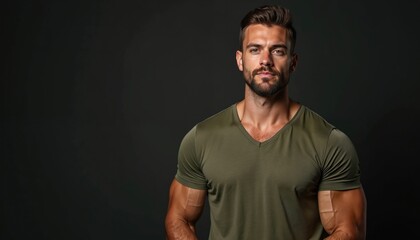 Naklejka premium Handsome bearded man with muscular build poses against dark backdrop in t-shirt. Confident guy with defined biceps, triceps, chest. Healthy sporty model with copy space for advertising.