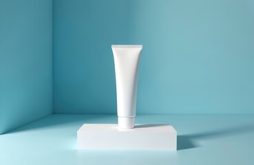 Centered white skincare tube mockup on flat surface against clean blue background. Cream, gel container, bottle with blank label for brand presentation. Cosmetic product for face, skin, body care.