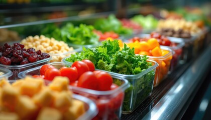 Salad bar with fresh salad ingredients. Display case filled with greens, tomatoes, dried cranberries, croutons, veggies. Healthy food choice at grocery, supermarket. Organic diet, balanced nutrition.