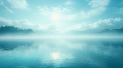 Obraz premium Serene landscape of a calm lake shrouded in morning mist, reflecting a soft sunlight. Lush green trees line the shore, creating a tranquil atmosphere.