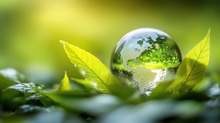Crystal Globe on Lush Green Leaves with Beautiful Natural Light