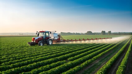 armer working on a tractor in the field,ractor plowing a green field under a sunny sky,Spraying pesticides at soy bean fields,A modern agricultural scene featuring a red and white tractor spraying pic