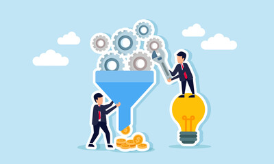 Businessmen work together to produce dollar coins from gears passing through a channel beside a lamp, illustration of teamwork in generating profit from business ideas