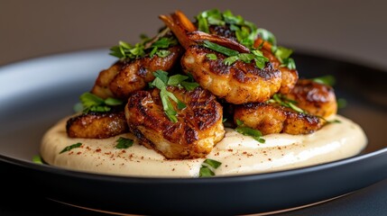 Delicious grilled shrimp served on a creamy sauce, garnished with fresh herbs.