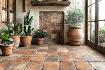 Interior view featuring potted plants and terracotta floor tiles