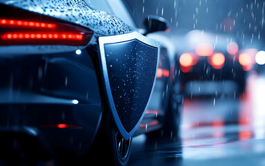 A sleek car with a shield emblem, parked in rainy weather, showcasing urban tranquility and automotive elegance.