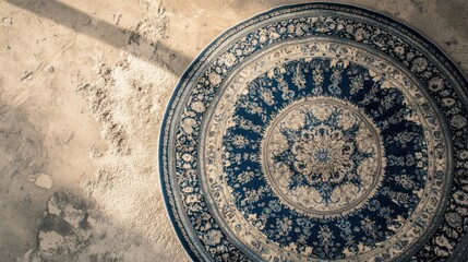 Obraz premium Vintage round rug on aged concrete floor. Intricate floral design in muted blue and beige tones. Sunlight highlights the texture and pattern