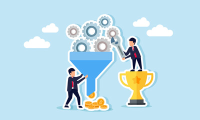 Businessmen work together to produce dollar coins from gears passing through a channel beside a trophy, illustration of teamwork in generating profit from leading company status