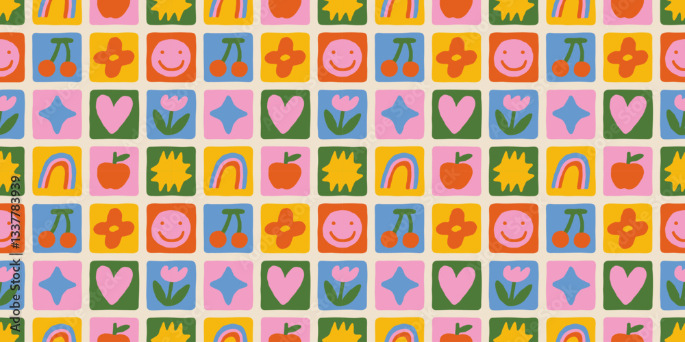 Wall mural fun colorful geometric shape seamless pattern. abstract retro children style art background for kids
