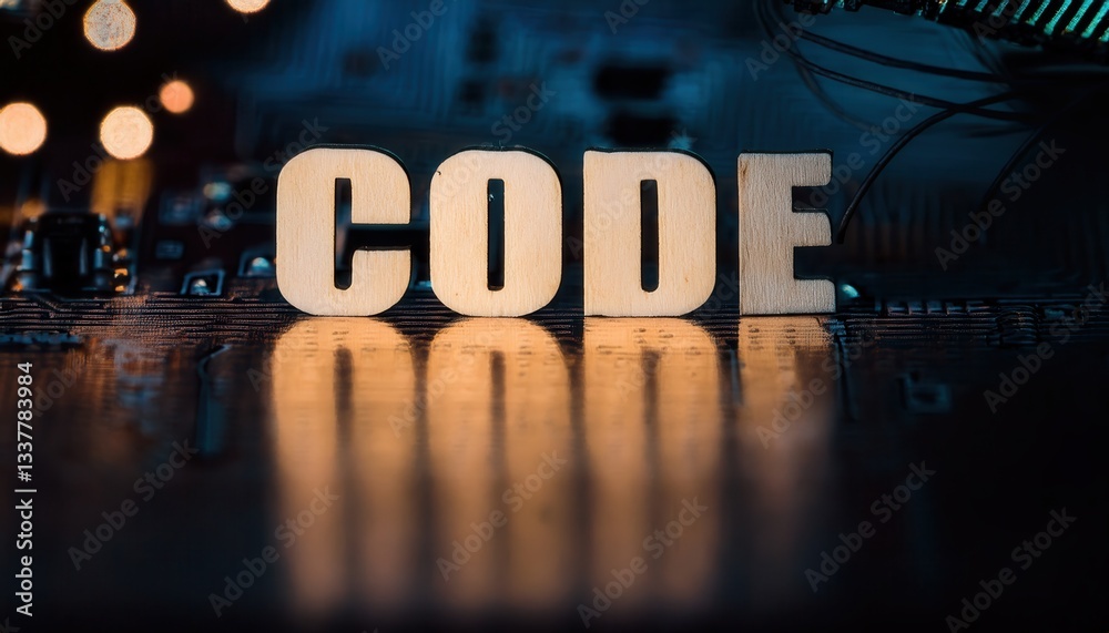 Poster Code Letters Reflecting on Blurred Background Setting