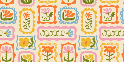 Colorful floral seamless pattern illustration. Vintage style flower frame background design. Geometric natural wallpaper print, spring season nature backdrop texture with flowers.