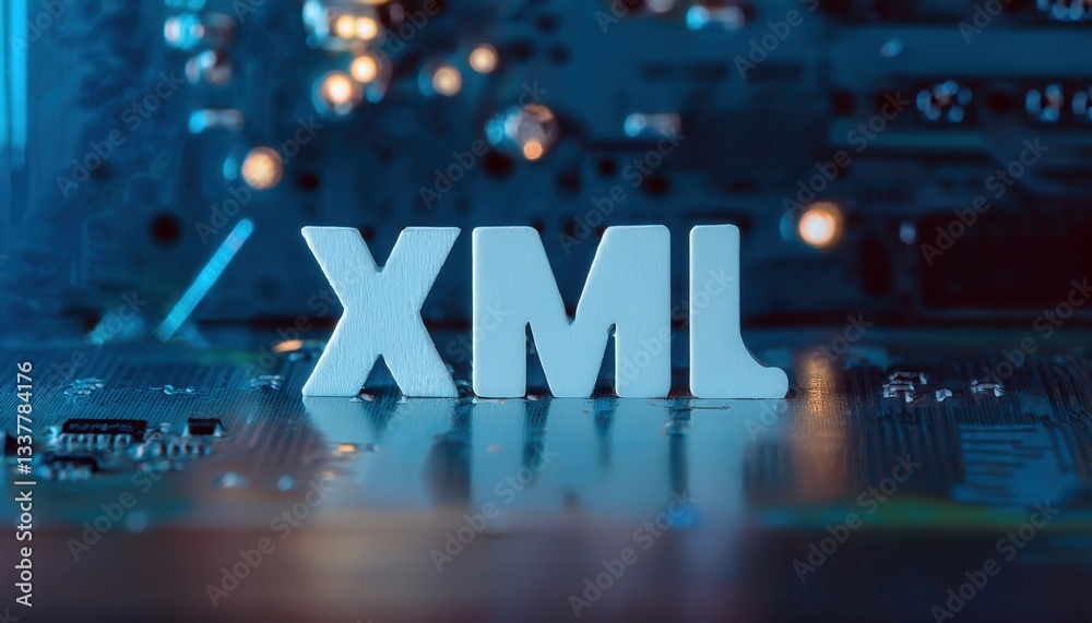 Poster XML Code Representation on Blurred Circuit Board Background