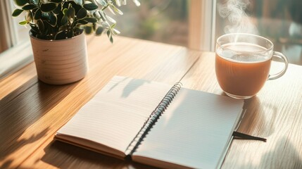 A notebook with handwritten affirmations and a cup of tea