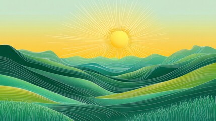 Obraz premium Serene Sunrise Over Rolling Green Hills A Peaceful Landscape Illustration