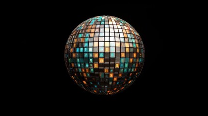 Obraz premium A shiny disco ball with colorful, reflective tiles against a dark background, evoking a vibrant party atmosphere.
