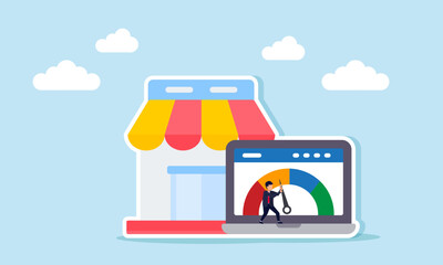 Fototapeta premium A businessman pushes a needle on an indicator displayed on a laptop screen in front of a store, illustration of effort and trigger in improving marketplace business performance