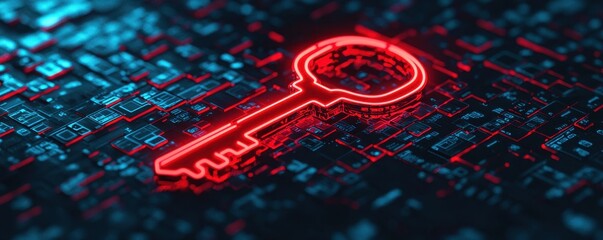 A glowing red key on a digital background, symbolizing security, access, and technology in a modern context.