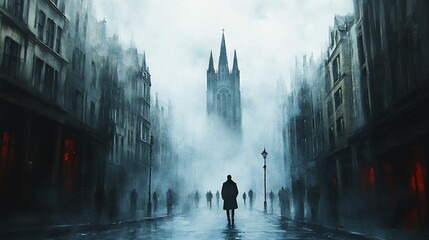 Foggy City Street, Mysterious Figure