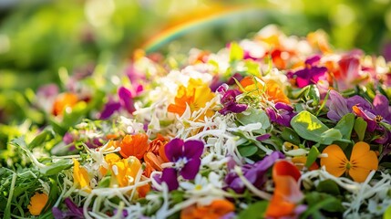Vibrant Rainbow Over Colorful Flower Field in Nature's Beauty