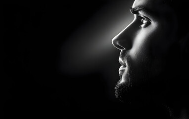 A striking black and white profile portrait of a thoughtful man, embodying introspection and emotional depth through light and shadow.