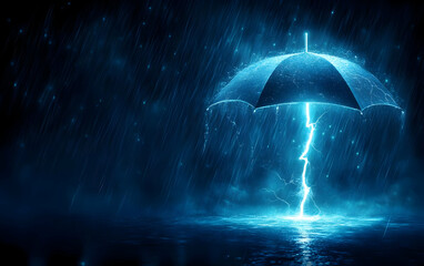 A striking image featuring an umbrella amidst a heavy rainstorm, illuminated by a powerful lightning bolt.