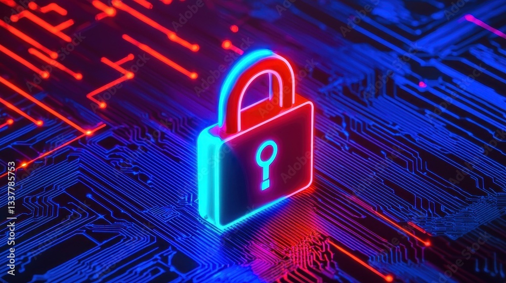 Poster a digital lock icon illuminated in neon colors, symbolizing cybersecurity and data protection agains