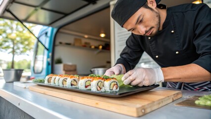 A skilled chef meticulously prepares sushi in a food truck, showcasing culinary expertise and fresh ingredients in a vibrant outdoor setting.