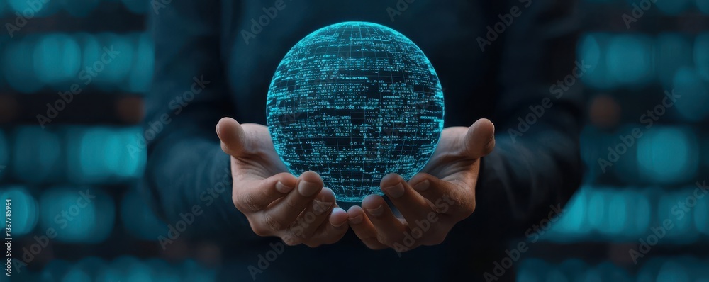 Poster a person holds a glowing, digital sphere, surrounded by a backdrop of binary code, symbolizing techn