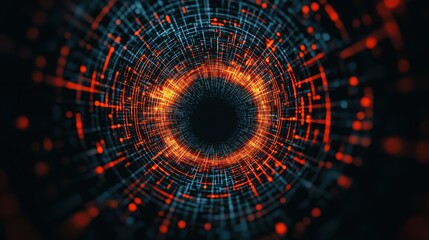 A vibrant, abstract digital design featuring a circular pattern of blue and orange lines, creating a striking illusion of depth.