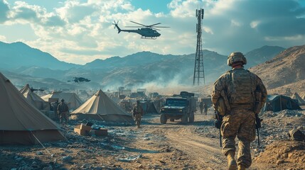 Soldiers prepare for missions at a military camp with helicopters hovering above in a desert landscape
