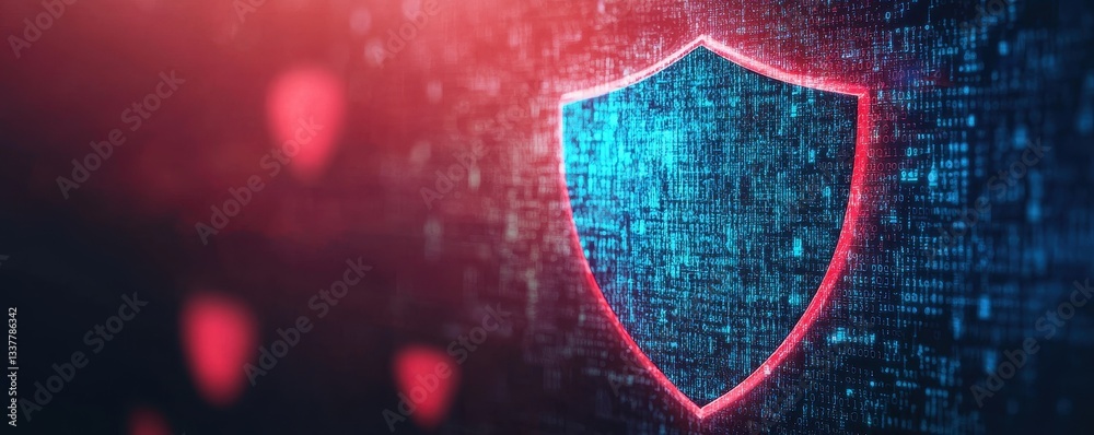 Poster a digital shield symbolizing cybersecurity, highlighted against a backdrop of data patterns and glow