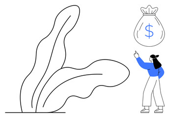 Woman pointing at money bag representation beside abstract plant elements. Ideal for finance, growth, investment, creativity, nature, wealth, sustainability concepts with flat simple metaphor