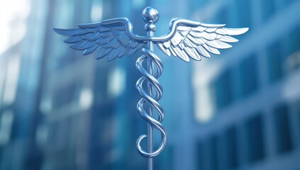 Silver caduceus symbol against a blurred urban background.